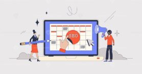 Content marketing strategy with website SEO neubrutalism tiny person concept