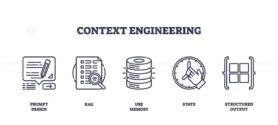 Context engineering features icons for prompt design, data analysis, and database storage, illustrating workflow steps. Icons set