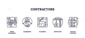 Contractors icons outline set shows tools, handshake, and checklist, symbolizing readiness, agreement, and quality control. Outline icons set.