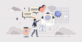 Conversational email marketing with ads tiny person neubrutalism concept