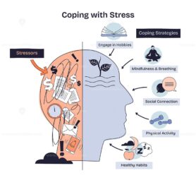 Coping with stress is shown by a split head with stressors on one side and coping strategies like mindfulness, social connection, and healthy habits on the other. Doodle style diagram