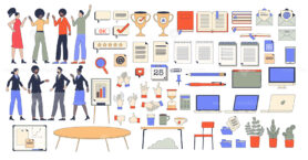 Corporate, workplace and office elements in retro tiny person collection set