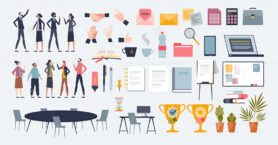 Corporate office elements and workspace stationary tiny person collection set