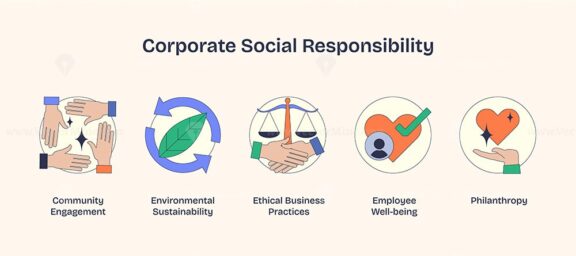 Corporate Social Responsibility icons depict community, environment, ethics, and well-being in Neubrutalism style.