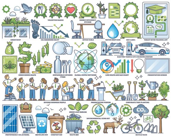 Corporate sustainability or ESG green business practices outline collection