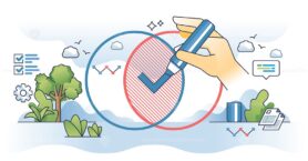 Correlation analysis or bivariate statistic calculation outline hands concept