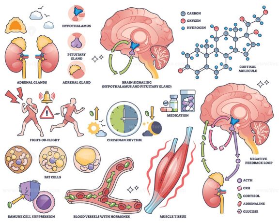 Cortisol regulation shows brain, adrenal glands, and cortisol molecule, illustrating hormone signaling and stress response. Outline style collection