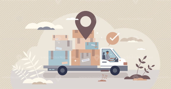Courier services with package distribution and delivery tiny person concept