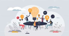 Creative brainstorming and innovative idea meeting tiny person concept