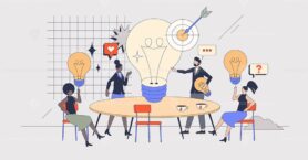 Creative brainstorming and new idea generation retro tiny person concept