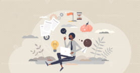 Creative process and innovative idea project thinking tiny person concept
