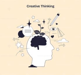 Creative thinking is visualized with a human head, brain, and growing plant, symbolizing ideas and innovation. Doodle style diagram