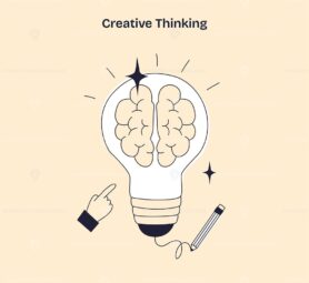 Creative thinking is illustrated by a brain inside a lightbulb, with a pointing hand and pencil, symbolizing ideas and innovation. Doodle style diagram