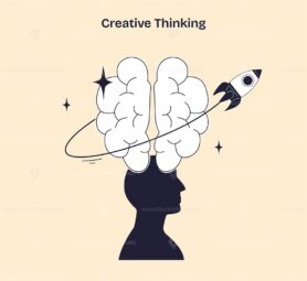 Creative thinking is illustrated by a brain, human head, and rocket, symbolizing innovative ideas and imagination. Doodle style diagram