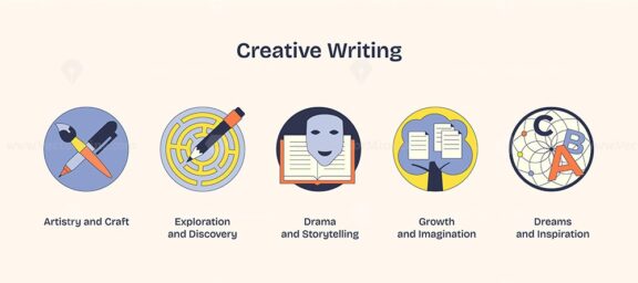 Creative writing icons depict artistry, exploration, drama, growth, and dreams. Neubrutalism style