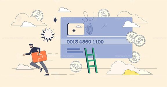 Credit card phishing depicted with a thief, a large credit card, and a ladder. Neubrutalism style