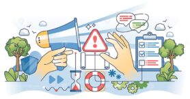 Crisis communication and corporate PR management outline hands concept