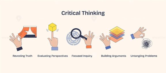 Critical thinking illustrated with hands, magnifying glass, and maze. Neubrutalism hands concept