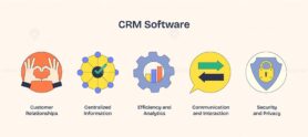 CRM Software icons depict customer relationships, data centralization, and security in Neubrutalism style.
