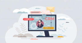 CRM system or customer relationship management software tiny person concept