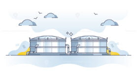 Crude oil storage tank building with large container for fuel outline concept