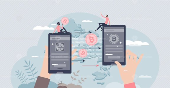 Crypto transaction and digital money transfer from phone tiny person concept