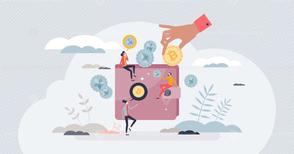 Crypto wallet and digital cryptocurrency deposit system tiny person concept