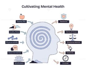 Cultivating mental health is shown with a head silhouette, spiral brain, and icons for healthy habits and outcomes. Doodle style diagram