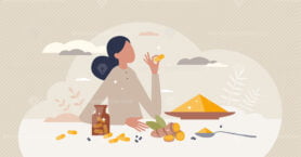 Curcumin supplements and tumeric herb powder or pills tiny person concept