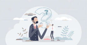 Curiosity and thinking about questions and examining them tiny person concept