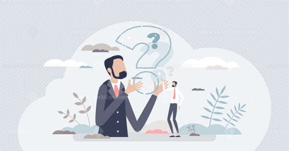 Curiosity and thinking about questions and examining them tiny person concept