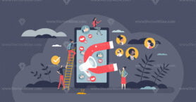 Customer engagement with social media ads and posts tiny person concept
