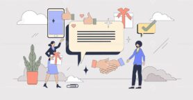 Customer engagement strategy for e-commerce tiny person neubrutalism concept