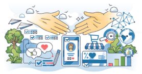 Customer engagement strategies for business growth outline hands concept