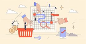 Customer journey experience for purchase tiny person neubrutalism concept