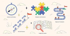 Customer journey mapping visual with compass, puzzle, and map highlights stages and insights. Neubrutalism style collection