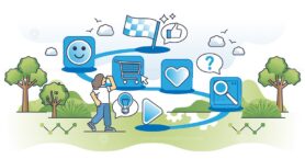 Customer journey path and client purchase behavior research outline concept