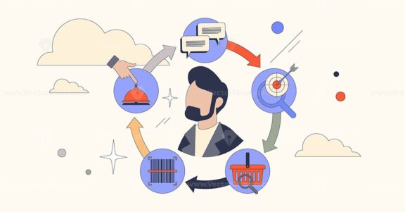 Customer lifecycle and purchase behavior tiny person neubrutalism concept