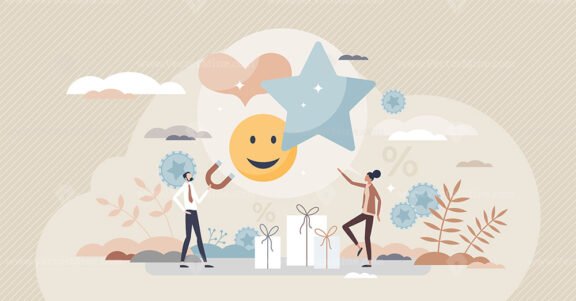 Customer loyalty and good retail service experience tiny person concept