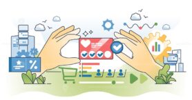 Customer loyalty programs and shopping discount cards outline hands concept