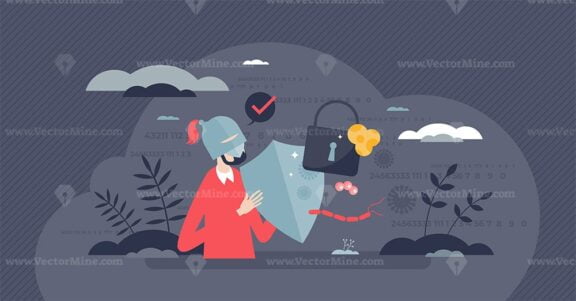 Cybersecurity guard with data safety and security shield tiny person concept