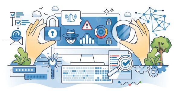 Cybersecurity dictionary and network security terms outline hands concept. Study online threats meaning to understand hacker attack types and possible computer vulnerability vector illustration.