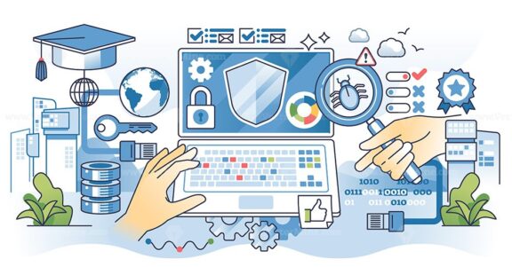 Illustration of cybersecurity internship with hands on laptop, magnifying glass, and shield, outline hands concept.