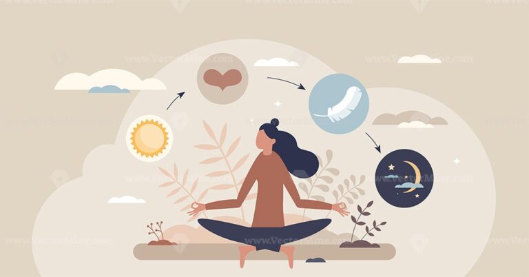 Self-care journey with meditation, sun, and moon symbols. Tiny style