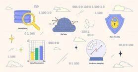 Data analytics and big information safe storage neubrutalism collection set. Labeled elements with info mining, security, visualization and predictive analytics vector illustration. Database research