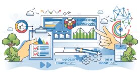Data analytics consulting for information research outline hands concept