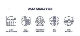 Data analytics and information management systems outline icons collection