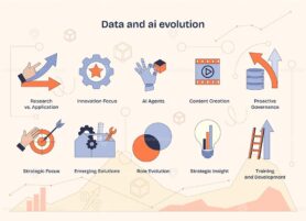 Data and AI evolution is depicted with icons like gears, graphs, and lightbulbs, symbolizing innovation and strategic insight. Neubrutalism style diagram