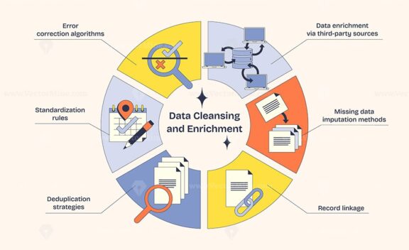 Data cleansing and enrichment diagram shows algorithms, rules, and strategies in a Neubrutalism style diagram.