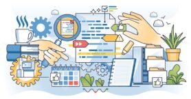 Data coding as process of converting data for analyze outline hands concept